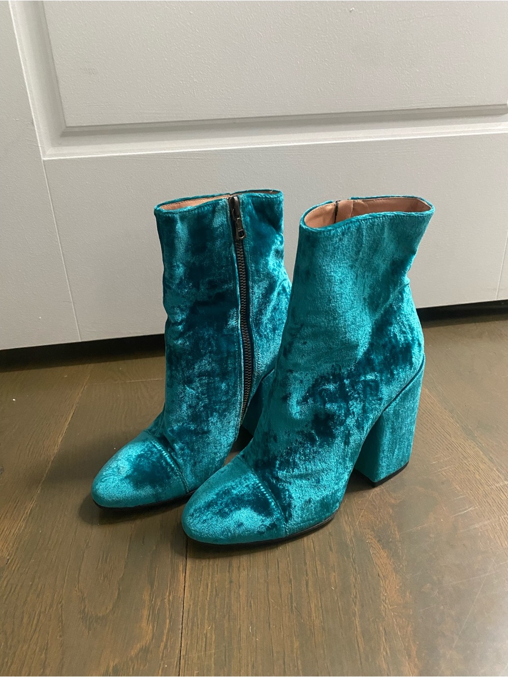 Dries Van Noten Teal Velvet Block Heel Ankle Boots